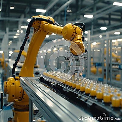 Industrial Robot Arm Handling Precision Components Stock Photo