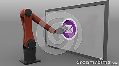 Industrial robot arms pushing Send mail buttons. Spam or newsletter concept. 3D rendering Stock Photo