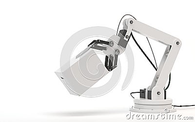 Industrial robot isolated on a white background. Robotic hand holds a white blank box. Conceptual creative image of artificial Stock Photo