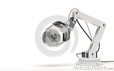 Industrial robot isolated on a white background. Robotic hand holds a moon. Conceptual creative image of artificial intelligence Stock Photo