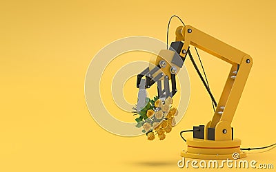 Industrial robot isolated on a yellow background. Robotic hand holds a bouquet of yellow roses. Conceptual creative image of Stock Photo