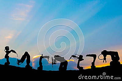 Industrial robot technology work future power silhouette. Stock Photo