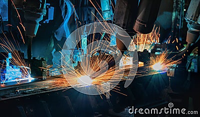 Industrial robot are test run new program in automotive assembly Stock Photo