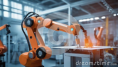 Industrial robot works automatically in a smart factory. Generated with AI Stock Photo