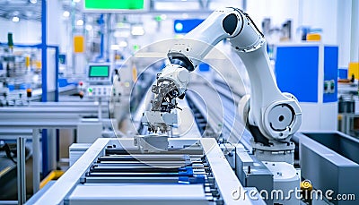 An industrial robotic arm working on an assembly line in a factory, moving parts and automating tasks Stock Photo