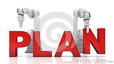 Industrial robotic arms building PLAN word Stock Photo