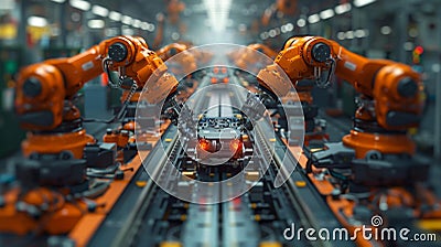 Industrial robots assembling electronics on a production line - generative ai Stock Photo