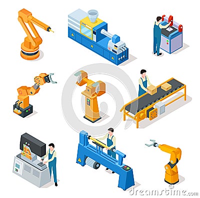 Industrial robots. Isometric machines, assembly line elemets and robotic arms with workers. 3d manufacturing Vector Illustration