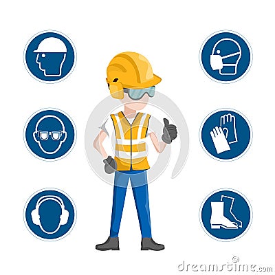 Industrial safety icons, worker with his personal protective equipment Vector Illustration