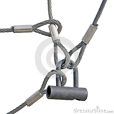 Industrial Safety Lock, Interlocked Steel Wire Loop Ropes Closeup, Isolated, Large Detailed Macro Closeup Stock Photo