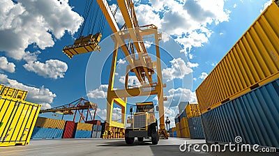 Industrial Scene with Computer Generated Double Girder Gantry Cranes, Working in the Background of a Container Handler Stock Photo