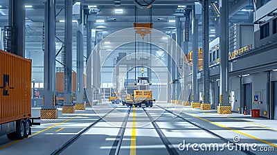 Industrial Scene with Computer Generated Double Girder Gantry Cranes, Working in the Background of a Container Handler Stock Photo