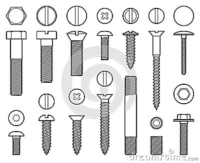 Industrial screws bolts, nuts and nails line vector icons Vector Illustration