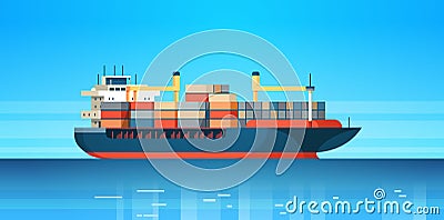 Industrial sea cargo logistics container import export freight ship water delivery transportation concept international Vector Illustration