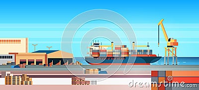 Industrial sea port cargo logistics container import export freight ship crane water delivery transportation concept Vector Illustration