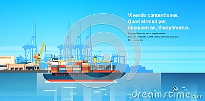 Industrial sea port cargo logistics container import export freight ship crane water delivery transportation concept Vector Illustration