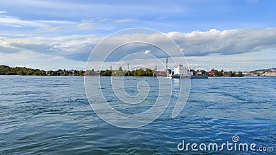 Industrial Ship on the Angara River in Irkutsk City Stock Photo