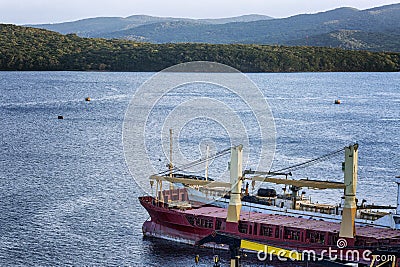 Industrial ship at sea. Close-up. Space for text Editorial Stock Photo
