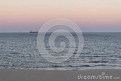 Industrial ship in sea water horizon. Stock Photo