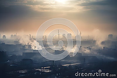 industrial smoggy skyline, with smoke and haze from factory chimneys Stock Photo