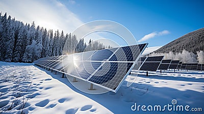 Industrial solar power farm station in winter, snow on the ground. Renewable energy concept Stock Photo