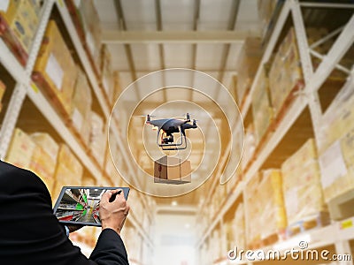 Industrial stock storage products storage system by drone unmanned Stock Photo