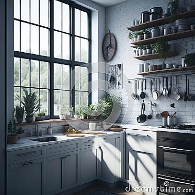 Industrial Style Interiror Kitchen Room, Large Windows Sunlight, Open Shelfs, Plants in pots, Personal Acsesories Generative Ai Stock Photo