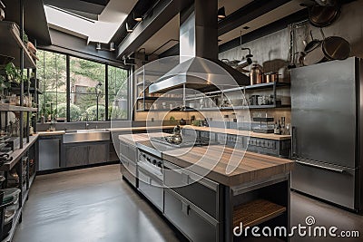 industrial-style kitchen with exposed pipes, concrete countertops and stainless steel appliances Stock Photo