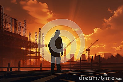 Industrial sunset safety business silhouette structure development site people worker engineer construction work Stock Photo