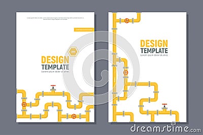 Industrial templates cover design in A4 size. Yellow pipeline. Oil, water or gas pipeline with fittings and valves Cartoon Illustration