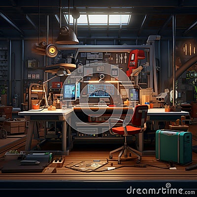 Industrial-themed workbench setup for innovative inventors Stock Photo