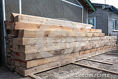 Industrial timber building materials for carpentry, building, repairing and furniture, lumber material for roofing construction. Stock Photo