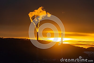 Industrial town chimney factory sunset, Usti nad Labem, Czechia Stock Photo