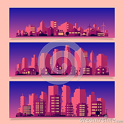 Industrial trendy city skyline colored sets. Vector illustration Vector Illustration