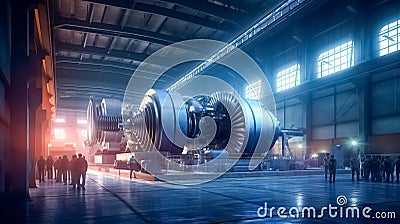 Industrial turbine at the workshop. Rotor with blades of powerful steam turbine in workshop. Stock Photo