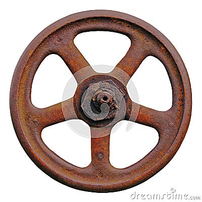 Industrial Valve Wheel And Rusty Stem, Old Aged Weathered Rust Grunge Latch, Large Detailed Macro Closeup Isolated Stock Photo