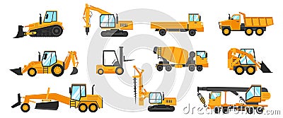 Industrial vehicles. Cartoon construction trucks and heavy machinery. Bulldozer and excavator. Building crane or loader Vector Illustration