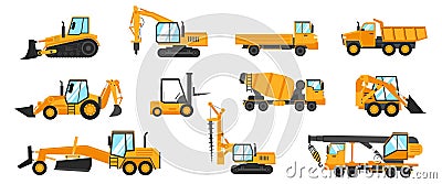 Industrial vehicles. Cartoon construction trucks and heavy machinery. Bulldozer and excavator. Building crane or loader. Cargo Vector Illustration