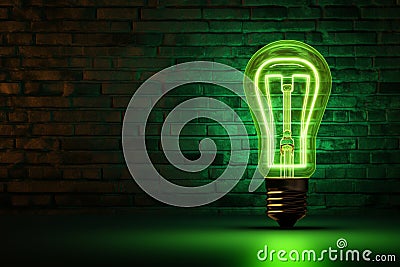 Industrial vibe green neon lamp with light bulb symbol, brick Stock Photo