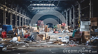Industrial warehouse filled with discarded items and waste. Good for projects related to waste management or Stock Photo