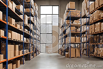 Industrial warehouse, racks with boxes. Generative AI Stock Photo