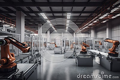 industrial warehouse, with robots working in unison to sort and pack products Stock Photo
