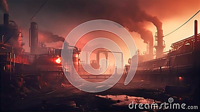 Industrial waste and pollution. Power station with pipes and smoke stack, dirty industrial landscape Stock Photo