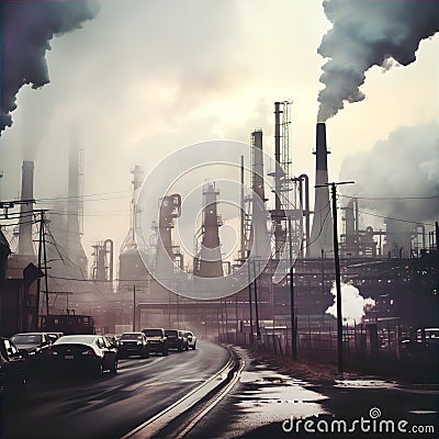 Industrial waste and pollution. Power station with pipes and smoke stack, dirty industrial landscape Stock Photo