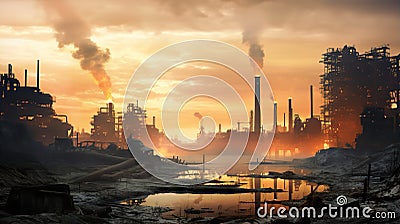 Industrial waste and pollution. Power station with pipes and smoke stack, dirty industrial landscape Stock Photo