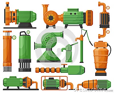 Industrial water pumps, water pumping station appliance. Water pumping compressor, water pumping station equipment Vector Illustration