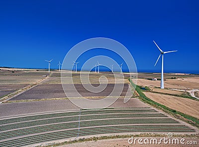 Industrial windmills, aerial view. Sustainability concept Stock Photo