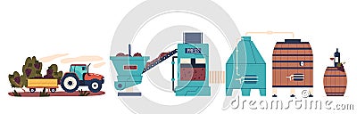 Industrial Wine Production Begins With Grape Harvesting, Followed By Crushing To Extract Juice. Fermentation, Aging Vector Illustration