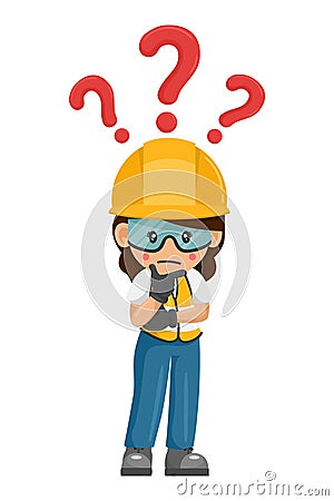 Industrial woman construction worker pensive and expressing doubt with question sign for FAQ concept. Industrial safety and Vector Illustration