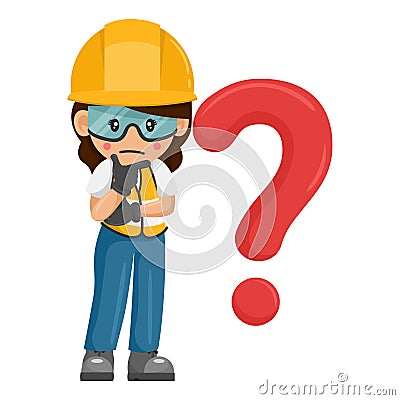 Industrial woman worker pensive and expressing doubt with giant question sign for FAQ concept. Industrial safety and occupational Vector Illustration